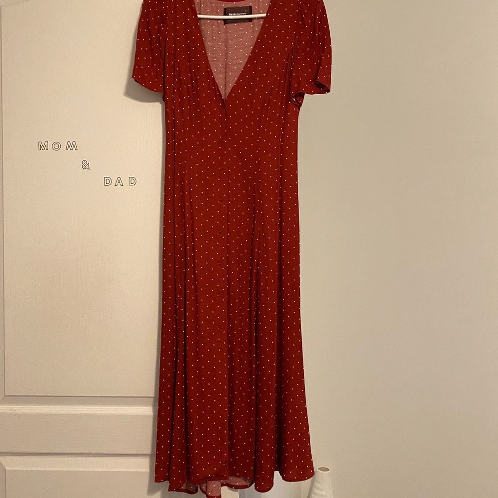 Reformation locklin dress in red and white dots